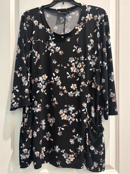Nina Leonard Tops - Nina Leonard Black Floral Tunic Top Pockets 3/4 Sleeve Stretch XL